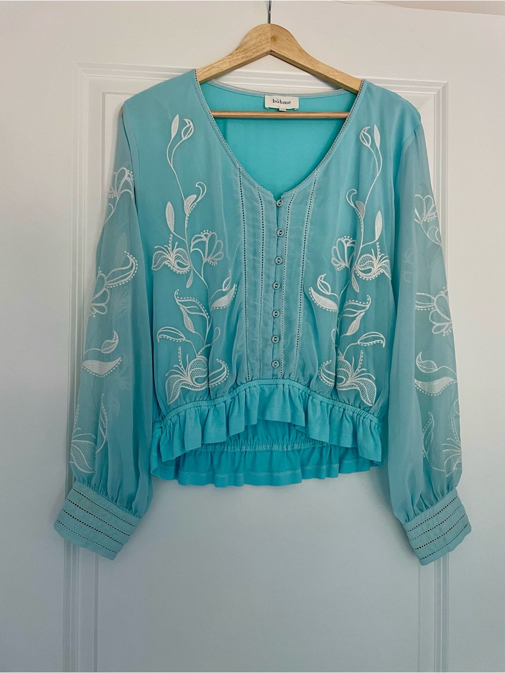 bohme Turquoise White Embroidered Ruffle Hem Blouse